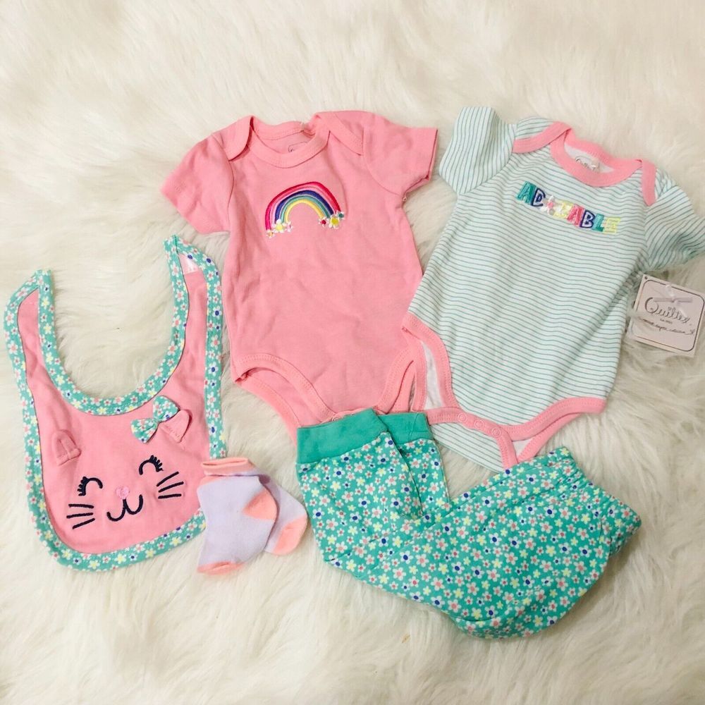 Quiltex Baby Girls One Piece Pants Bib Socks‎ Assorted 6-9 Months 5 Pieces
